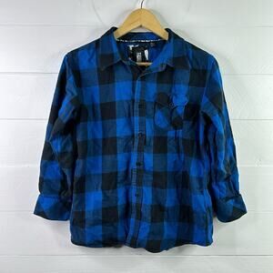 OCEAN CURRENT Black Blue Plaid‎ Cotton Button Up Long Sleeve Shirt Top Size XL